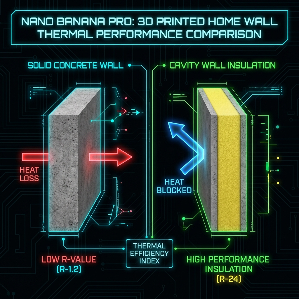 Diagram comparing R-values of solid concrete vs cavity wall insulation