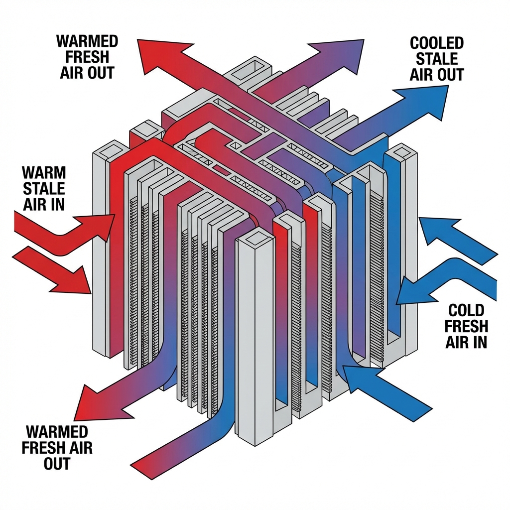 Isometric diagram of an HRV Heat Exchange Core showing cross-flow heat transfer
