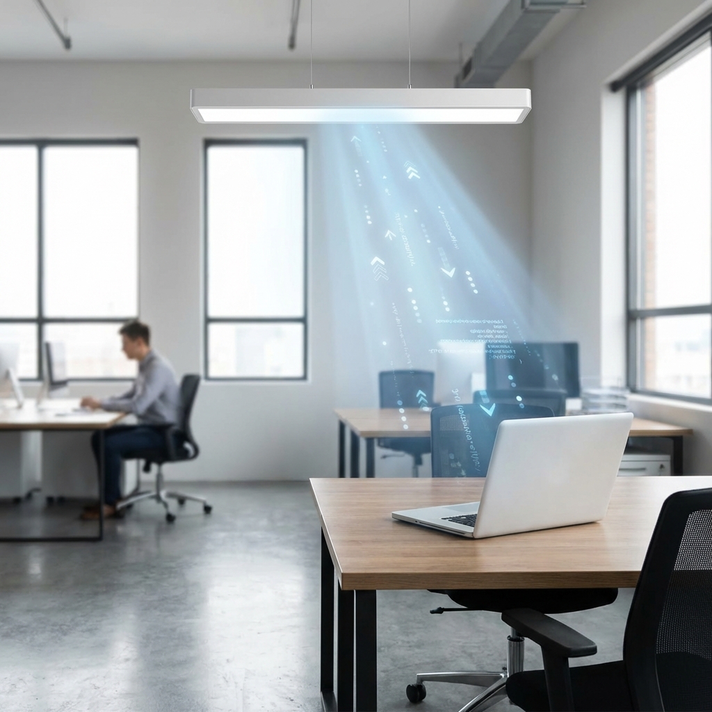 Illustration of Li-Fi room setup with data flowing via light