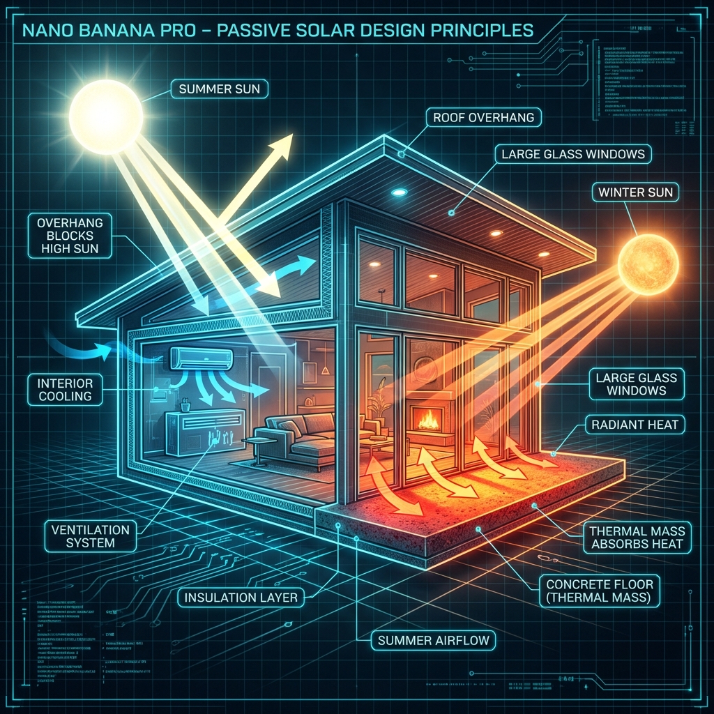 Diagram showing Passive Solar Design principles: Summer (blocked) vs Winter (allowed) sun angles