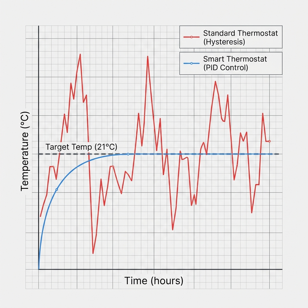 Technical line graph comparing 'Standard Thermostat (Hysteresis)' vs 'Smart Thermostat (PID Control)'