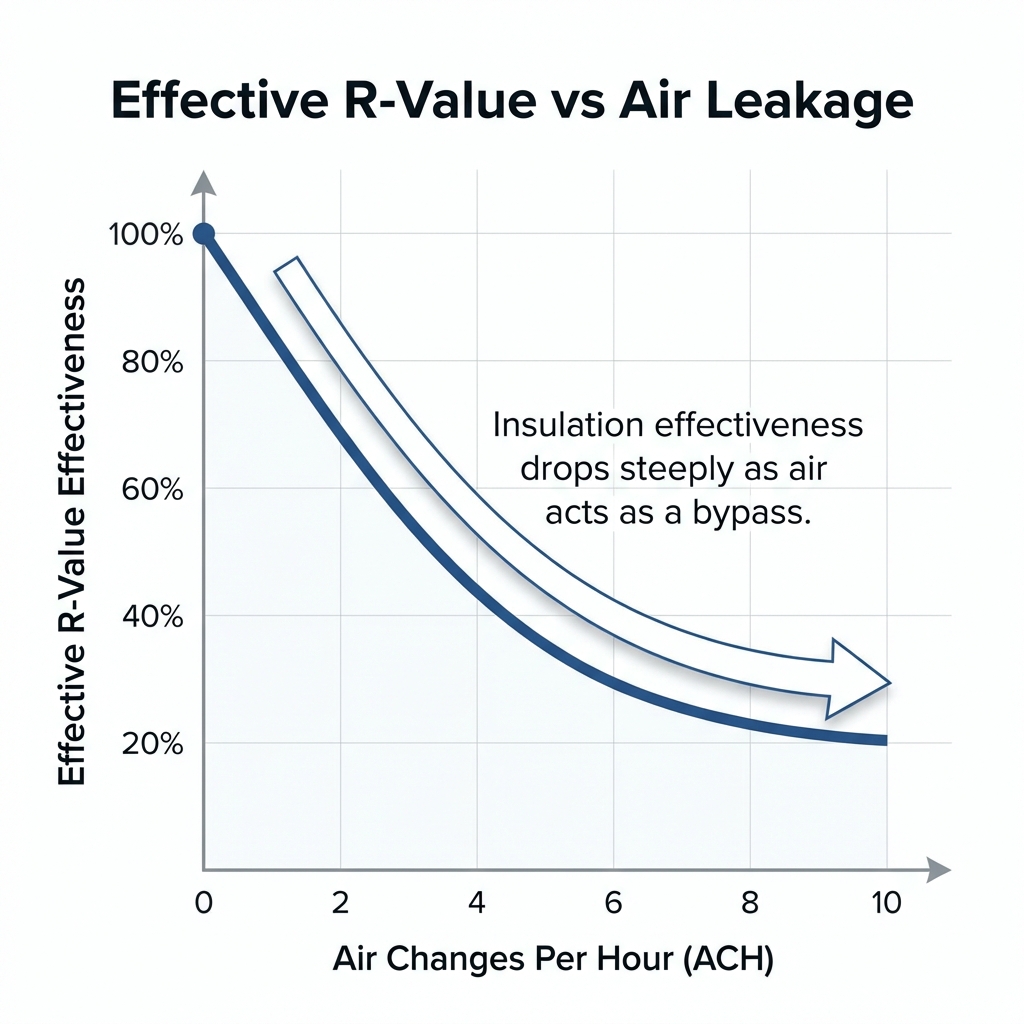 Line chart showing Effective R-Value degrading with increased Air Leakage