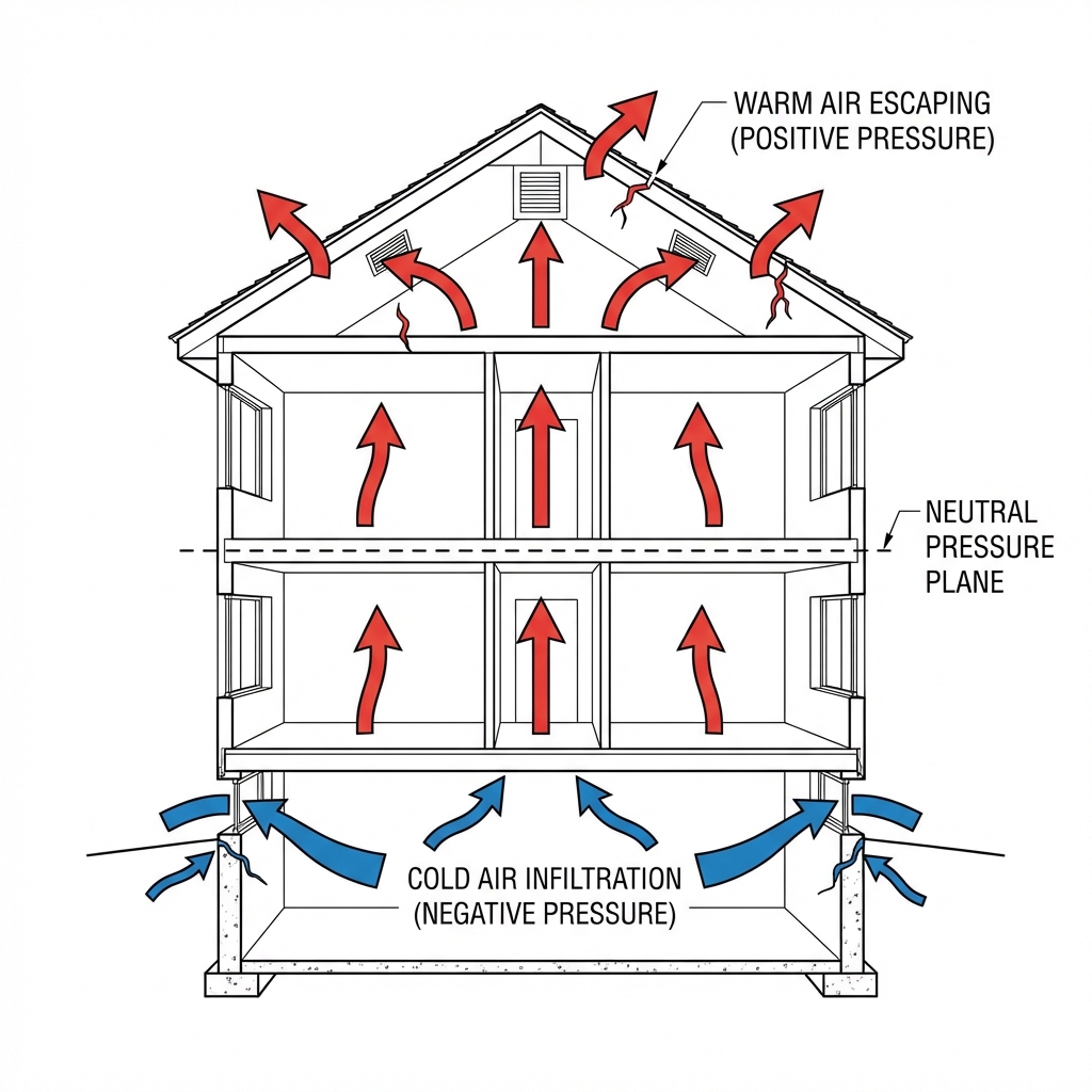 Technical diagram of the Stack Effect showing warm air rising and cold air entering
