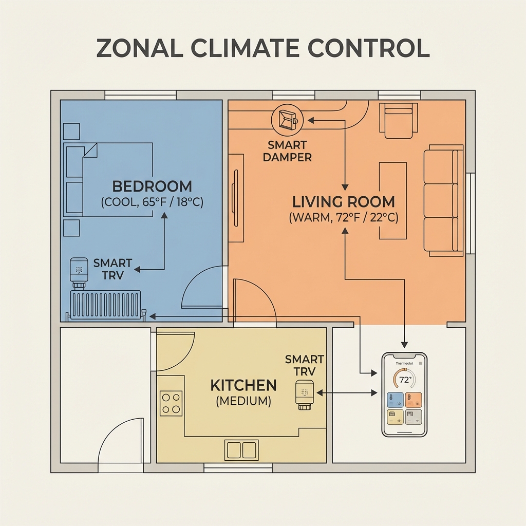 Floor plan diagram showing 'Zonal Climate Control' with different room temperatures